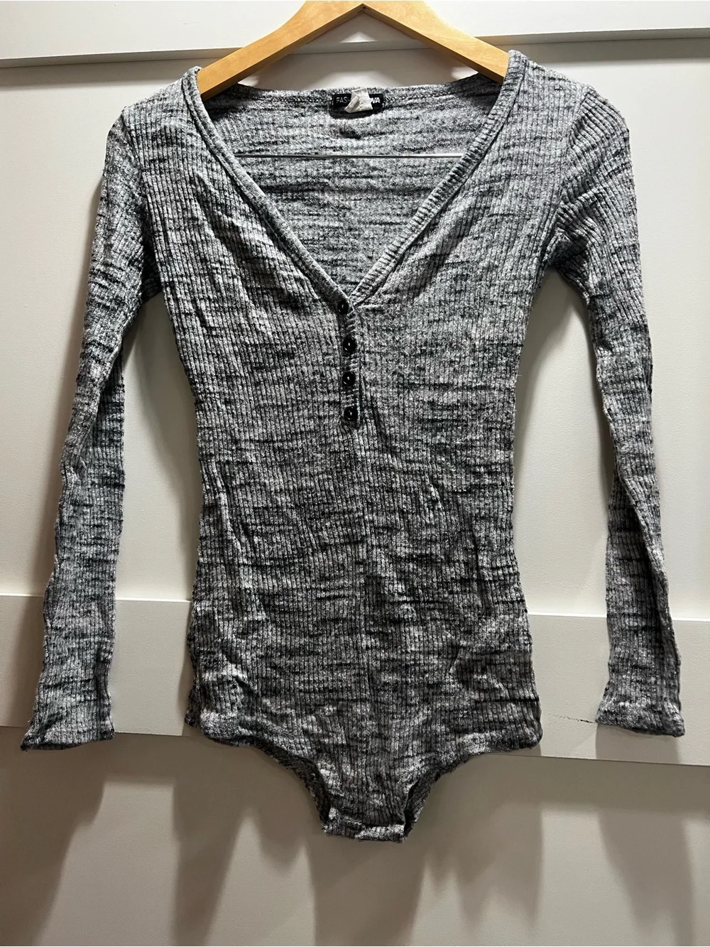 FashionNova Ribbed Henley Long Sleeve Bodysuit - Gray/Black